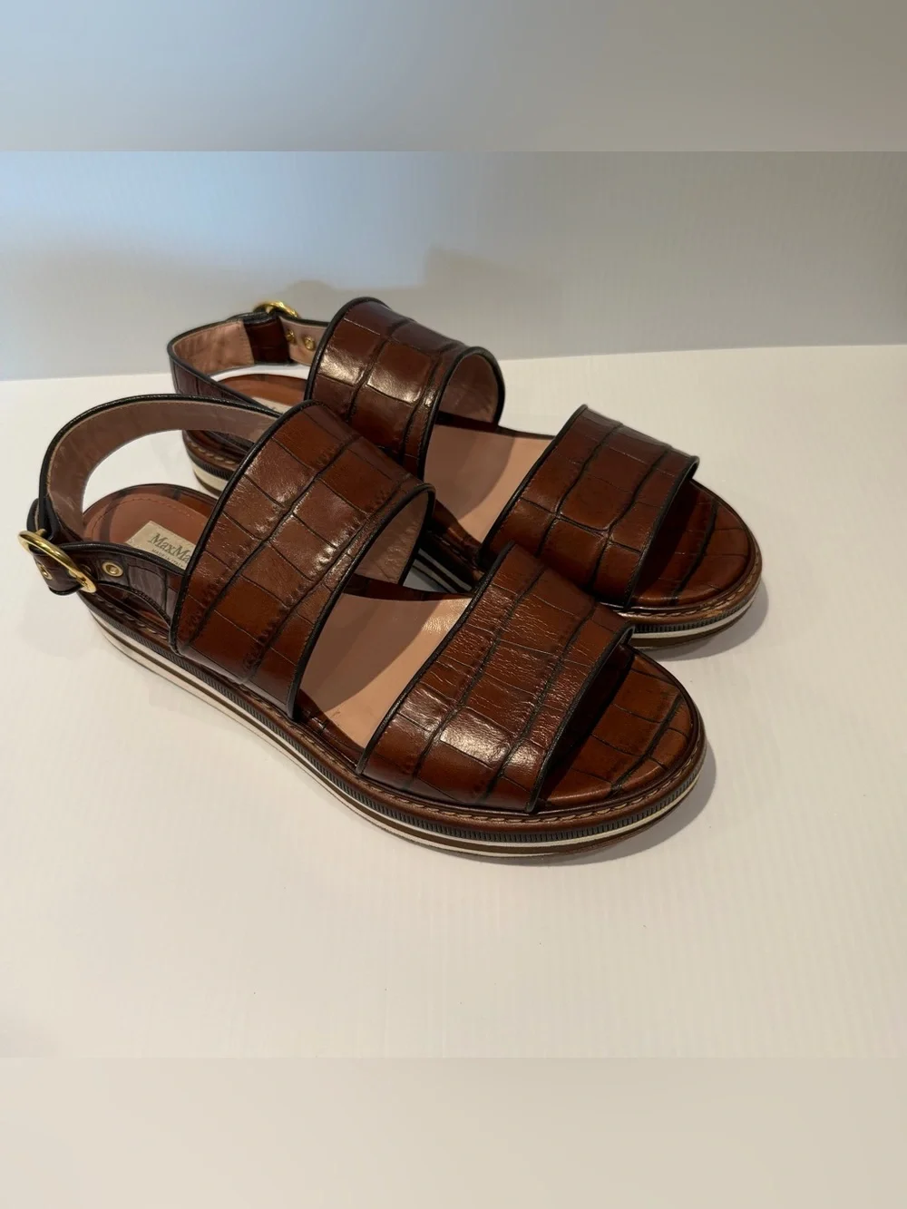 Max Mara Brown Croc-Embossed leather Platform Slide Sandals